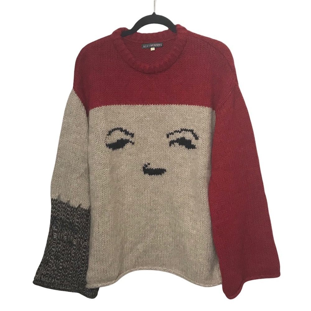 Red and Cream Face Intarsia Crewneck Sweater